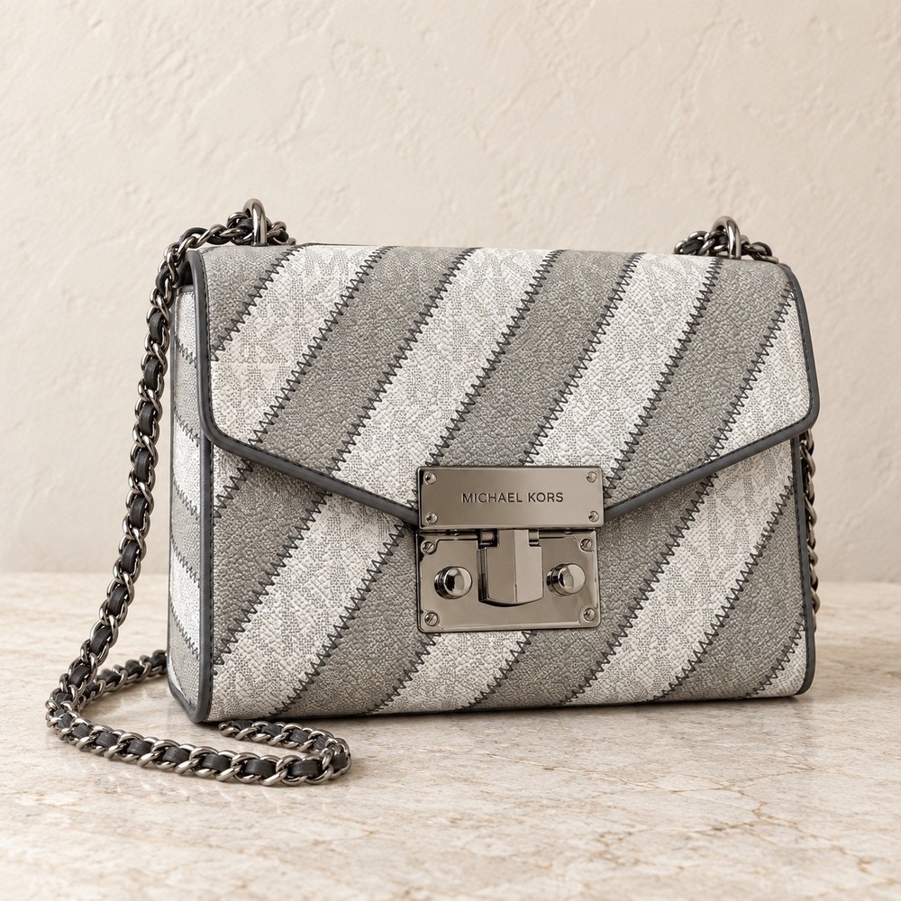 Michael Kors Rose Medium Flap Shoulder Bag Pearl Grey Multi 35F0SX0L2L